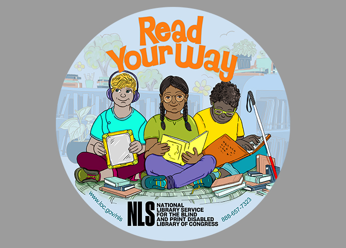 Illustration of three children using different assistive technology to Read Their Way.