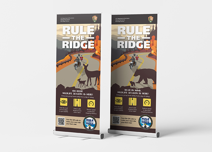 Two Banners showing motorcyle riders with wildlife nearby, one with deer, one with bears.