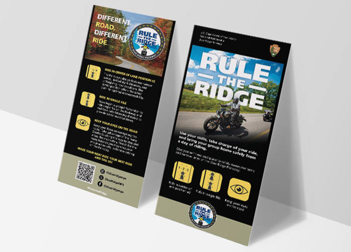 Rack Cards with an image of people riding motorcycles on a mountain road with rifing safety reminders.